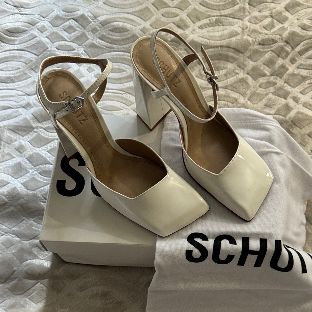 SCHUTZ White Square Toe Block Heels